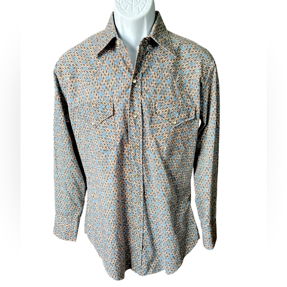 Vintage Ely Wagon Boss Blue & Brown Floral Pearl Snap Western Shirt, sz 15.5-33